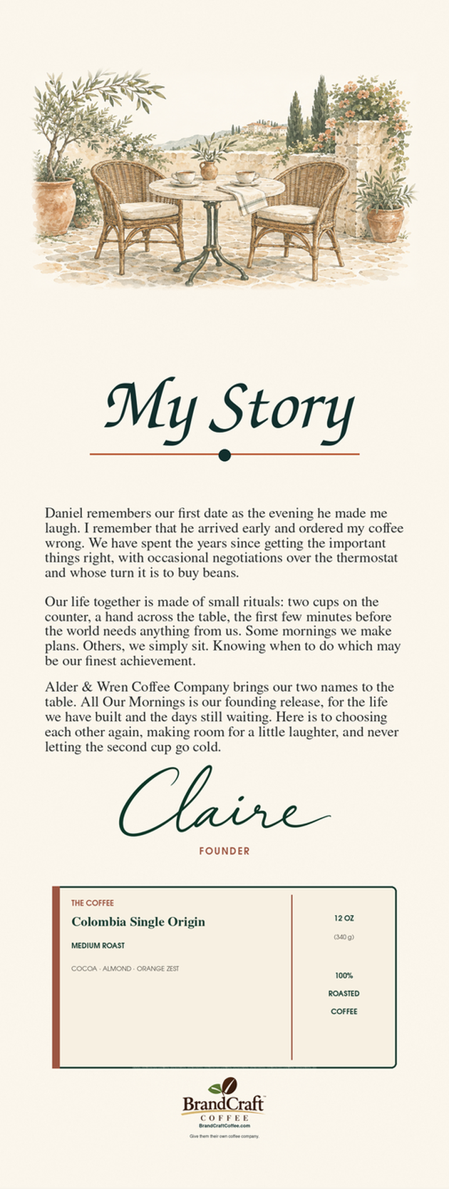 The personal story on the back of Claire and Daniel’s Alder and Wren package