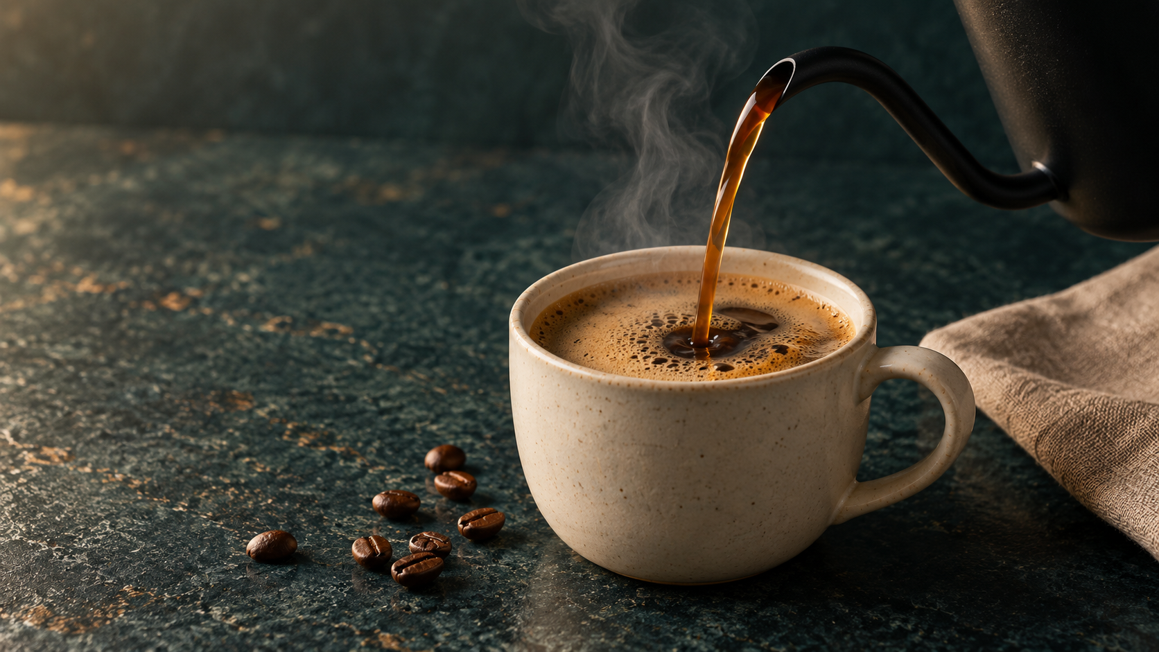 Fresh specialty coffee pouring into a ceramic cup beside roasted beans