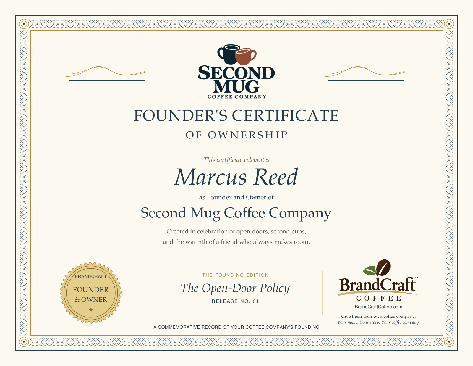 Founder’s Certificate of Ownership for Marcus Reed of Second Mug Coffee Company, The Open-Door Policy, Release No. 01