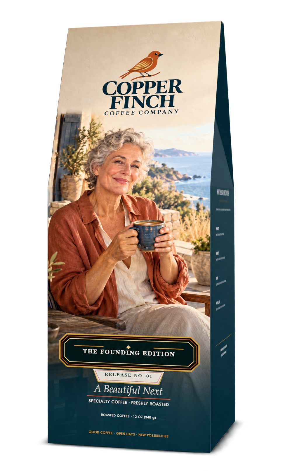 Copper Finch Coffee Company Founding Edition package turned to show the other side