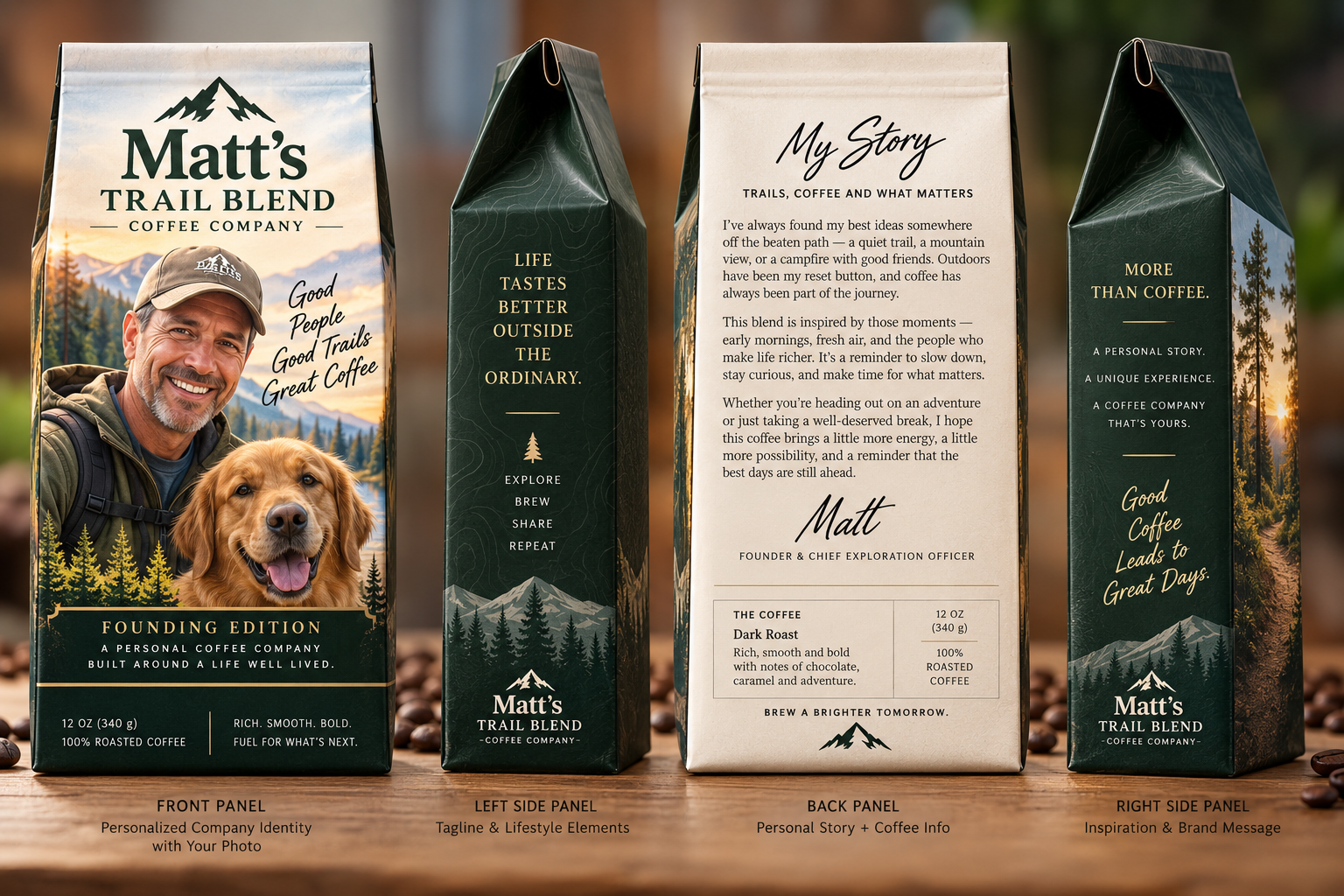 Matt’s Trail Blend Coffee Company mountain logo and name on his package
