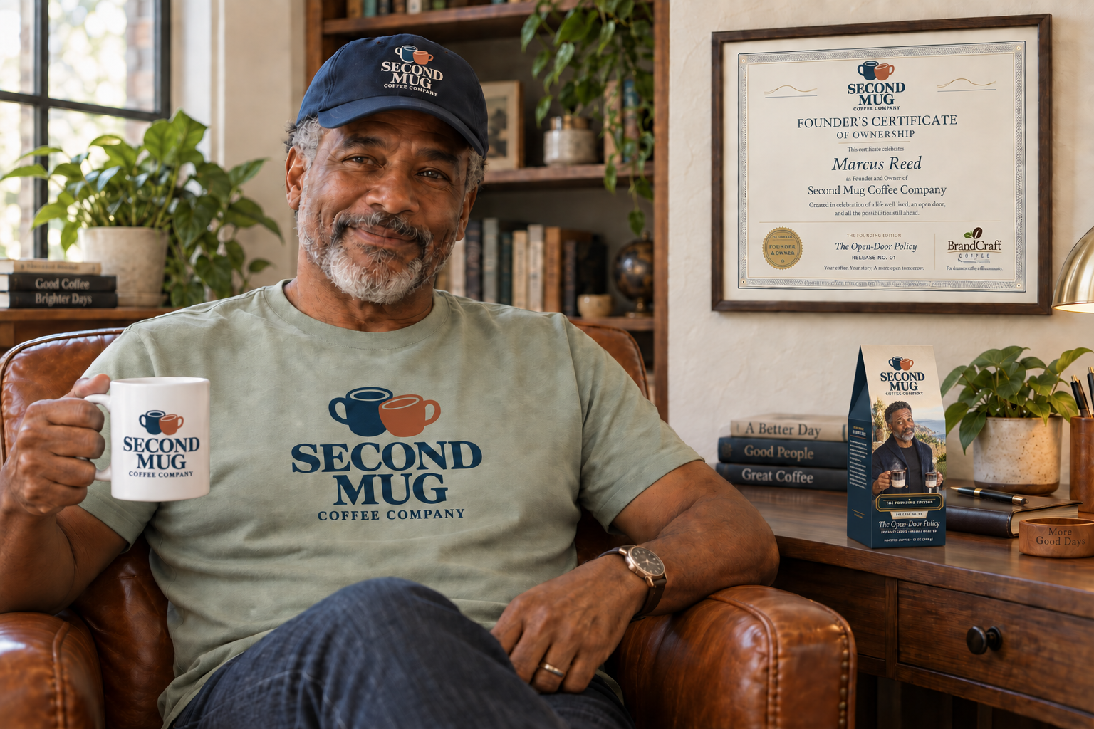Second Mug founder Marcus fully visible beside his folded coffee package, certificate, mug, tee and cap