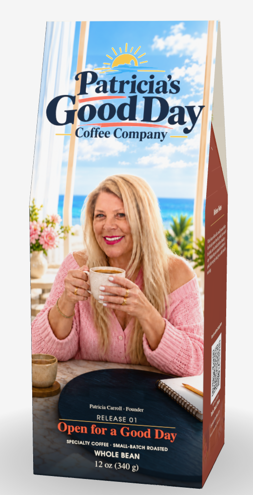 Patricia’s Good Day Coffee Company folded coffee package, Release 01: Open for a Good Day