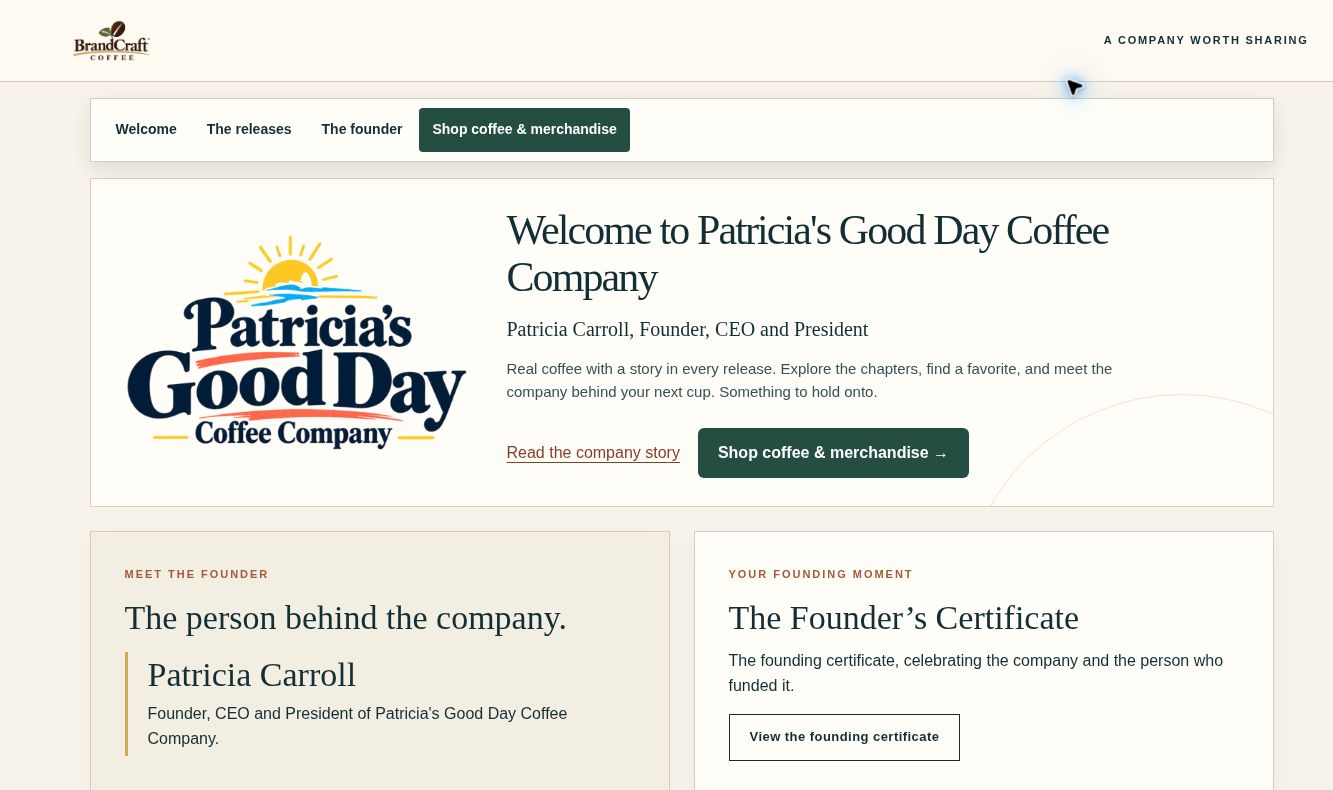 Patricia’s Good Day Coffee Company public page, featuring her logo, founder biography, certificate and shop
